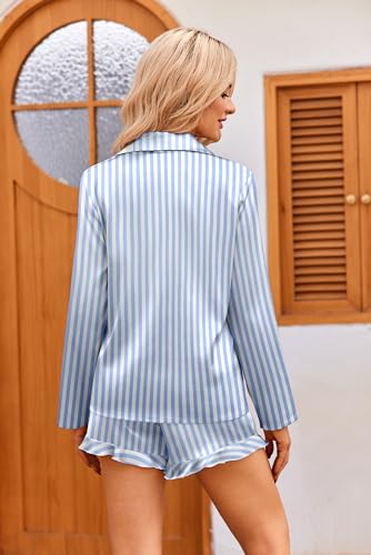 Image of Ekouaer Womens Satin Pajama Sets Long Sleeve Top and Shorts Lounge Set Button Down Sleepwear