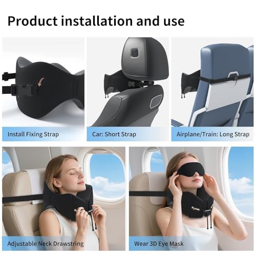 Image of Patented Head-Bobble-preventing Ergonomic 360 Supporting Golden Formula Memory Foam Travel Neck Pillow w /3D Contoured Eye Mask Set Long Trip Sleeping Essentials for Airplane Flight Car Bus