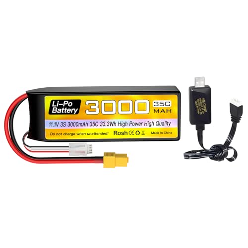 Compatibilità: Questa batteria 11.1V 3000mAh XT60 Plug è adatto per auto RC, aerei RC, drone FPV, UAV elicottero quadcopter e modello di barca da corsa RC ingegneria auto RC telecomando, auto giocattolo elettrico.