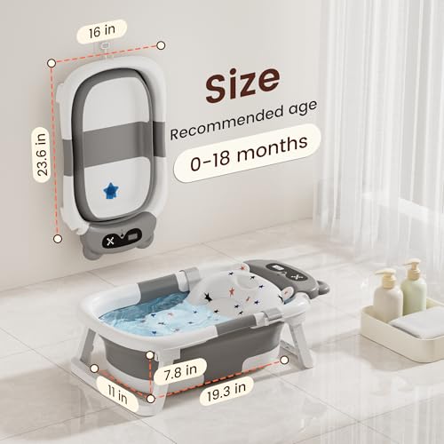 Image of Baby Bathtub,Foldable Baby Bath Tub for Newborn to Toddler (0-18 Months) - Collapsible Infant Tub for Travel with Thermometer, Soft Cushion,Grey