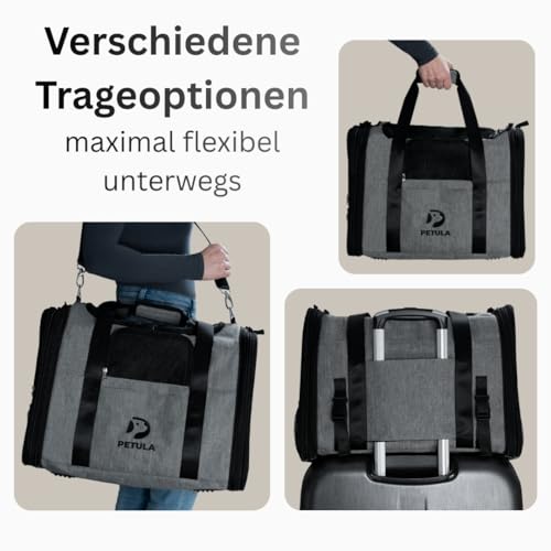 Petula Katzentasche & Hundetasche – Faltbare Transporttasche für Katzen & kleine Hunde bis 13 kg – Formstabil, mit Innenmatte, Belüftung, Tiertransporttasche, Transportbox (Grau)
