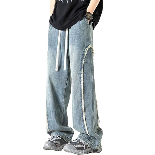 DGHM-JLMY Men's Regular Fit Straight Leg Jeans Retro Fashion Patchwork Jeans Casual Drawstring Elastic Waist Denim Pants