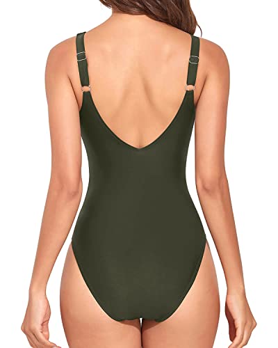 Holipick Army Green One Piece Swimsuit For Women Vintage V Neck Twist Bathing Suit Tummy Control Slimming Monokini Large #TOP4