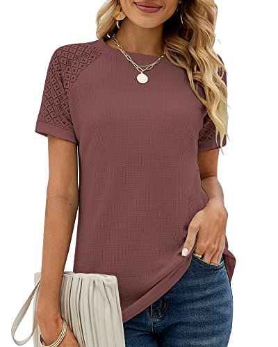Damen Sommer Tshirt Elegant Spitze Kurzarm Rundhals T-Shirt Basic Einfarbig...