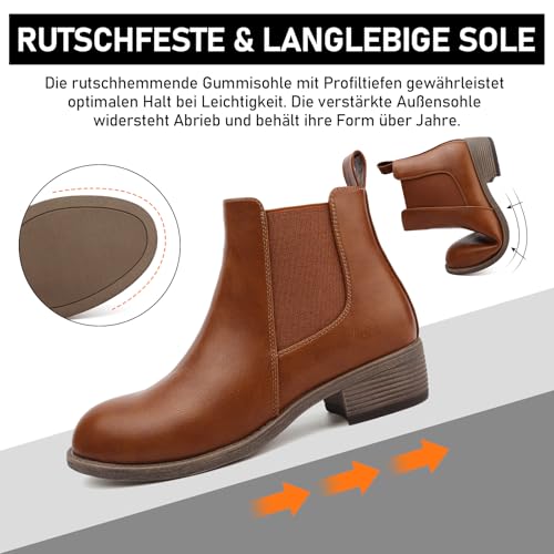 Maxome Stiefeletten Damen Knöchelstiefel Mit Reißverschluss Wasserdichte Leder Stiefeletten Stylische Chelsea Boots Mit Niedrigem Absatz Spitze Zehen Freizeitschuhe Herbst Winter Damenstiefel Braun