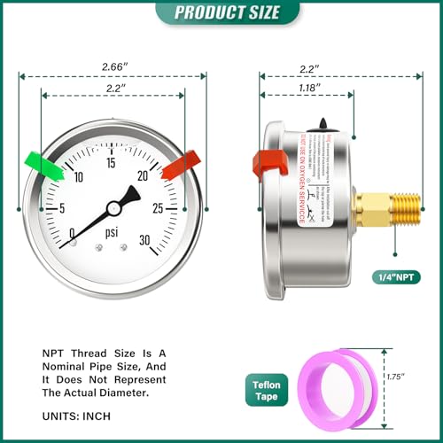Image of 0-30PSI Stainless Steel Liquid Filled Pressure Gauge, 2.5 inch Single Scale Face Dial, 1 /4 inch NPT Back Mount, for Tube, Water Pump, Gas, Liquid, Pressure Test (with Range Mark Pointer)