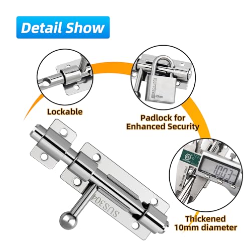 Image of Barrel Bolt Latch, 4.2 Inch Slide Lock, SUS304 Stainless Steel Slide Bolt Latch with Padlock Hole, Heavy Duty Slide Bolt Gate Latch Lock for Wooden Fence, Yard Door, Barn Door, Shed Door (Silver)
