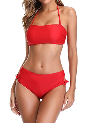 SHEKINI Women s Bandeau Bikini High Waisted Side Cutout Bottom Two Piece Swimsuits (Red, Small)