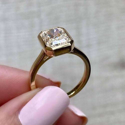Emerald Cut Moissanite Bridal Wedding Enagement Ring 14K Yellow Gold Simulated Diamond Bezel Setting Solitaire Ring Mother's Day Gift Jewelry 6