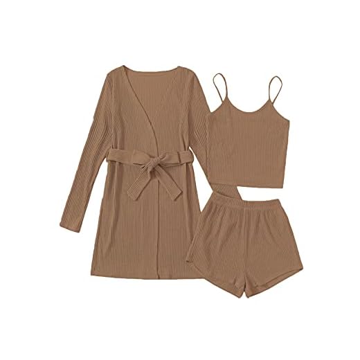 Verdusa Women's 3 Piece Cami Top & Shorts Lounge Sleepwear Pajama Set with Robe Mocha Brown S