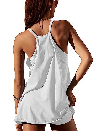 Image of Womens Athletic Sundress with Built-in Shorts Golf Tennis Romper | Sleeveless Mini Spaghetti Strap dress Functional side pockets tummy-friendly fit casual beach vacation