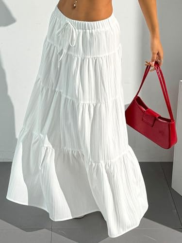 DERAX Women's Boho Flowy Maxi Skirts Elegant Flared Ruffle Hem Elastic High Waisted Summer Fall A Line Long Skirts3