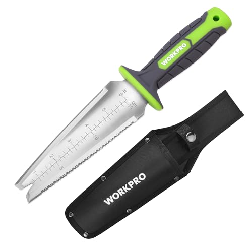 WORKPRO Hori Hori Gartenmesser Edelstahl mit Zahnung 3-in-1 Praktisch Jäter mit TPR-Griff Manueller Weeder zum Graben Schneiden und Sägen Tragbar für Beet Rasen & Garten 32 cm