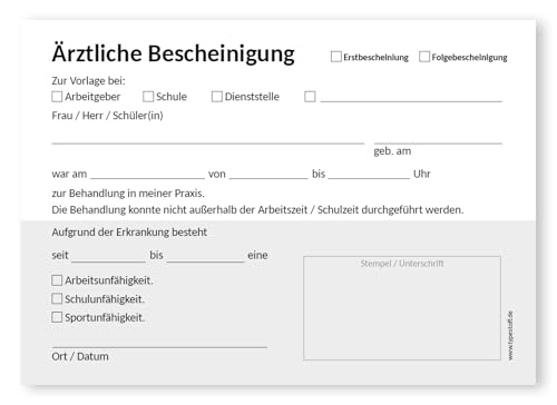 TypeStoff Ärztliche Bescheinigung, 4 Blöcke à 50 Blatt DIN A6 - BD-01524