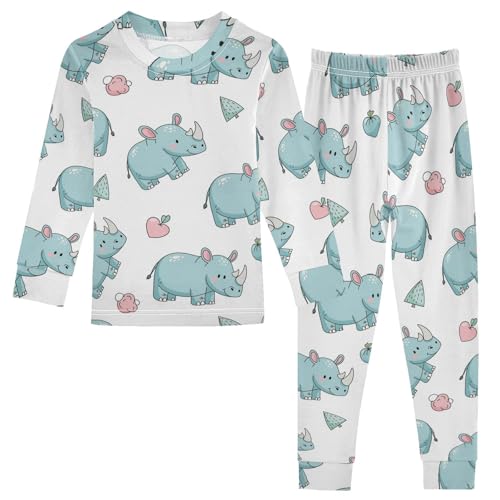Pajama Sets Long Sleeve Cute Blue Rhino Pattern Soft Comfy Sleepwear 2 Piece PJS 3-8T