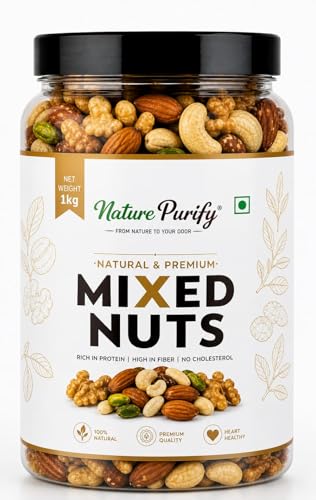 Image of Nature Purify Premium Mix Dry Fruits 1kg | Almonds, Cashews, Kishmish, Apricot & Seeds Mix | Fresh Crunchy Nut & Fruit Combo Pack for Snacking & Gifting | Jar Pack Of 1