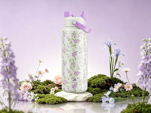 Image of POWCAN 40 oz Insulated Water Bottle with 2-in-1 Straw and Spout Lid, Keep Cold 24H, Leak-Proof, BPA-Free, Double Wall Stainless Steel Water Bottle for Sports, Travel, Gift, School (Heirloom Garden)