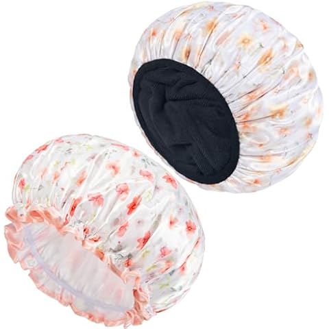 Auban Shower Caps, Terry Lined Shower Cap,Triple Layer Large Shower Cap for Women, Terry Cloth Reusable Shower Caps for Women Long Thick Hair, Waterproof Cover