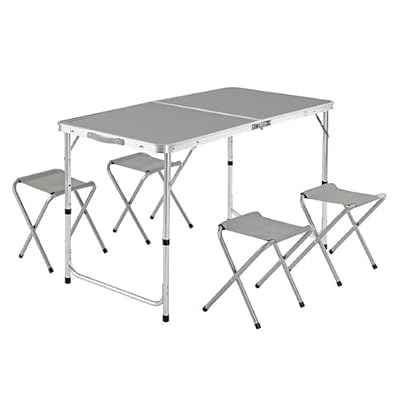 LOLAhome Mesa Plegable de Camping Con 4 Taburetes y Asa - Maletín Para Playa, Picnic - Aluminio y Loneta Gris - Regulable en 3 Niveles de Altura - 60x120x70 cm