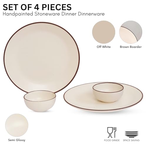 Image of Freakway Hand Painted Ceramic Dinner Set of 4 Pcs | 2 Stoneware Dinner Plates (10.6 Inch) and 2 Bowl /Katori (3.93 Inch and (170 Ml) | Microwave & Dishwasher Safe - Ivory White