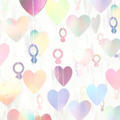 Engagement Bachelorette Party-Decorations Iridescent Heart-Ring Garland - 52Ft Holographic Disco Wedding Paper Streamers Banner,Valentines Day Galentines Proposal Decor Lasting Surprise