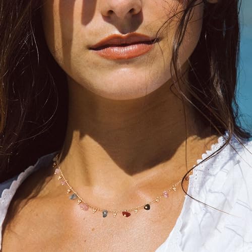 MTMY Beaded Necklaces for Women 14K Gold Plated Dainty Colorful Green/Rose Beaded Pearl Choker Necklace Delicate Boho Choker Necklace Jewelry Gift2