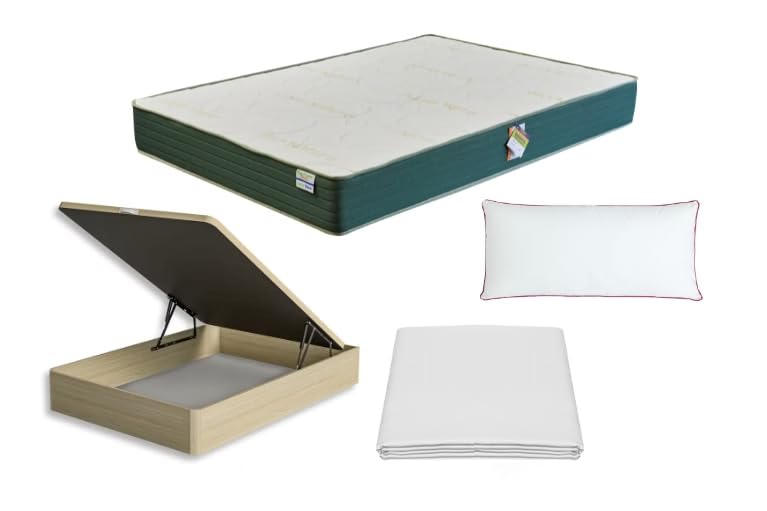 FACTORY COLCHON - Pack Colchón Viscoelástico Naturvisco + Canapé De Madera Hard 135x190 Color Roble + Almohada + Funda De Colchón