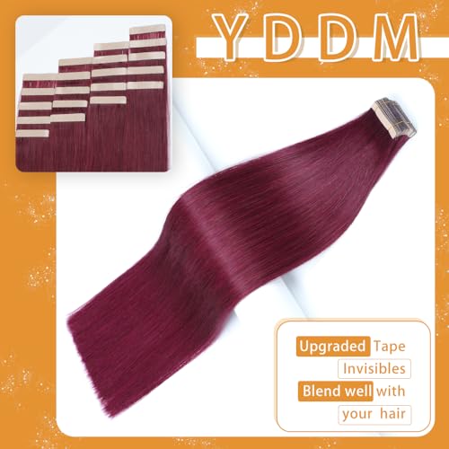 Image of 20 Inch Human Hair Extensions Tape in, 20Pcs Burgundy Real Straight Tape ins for Women Straight Invisible Seamless Skin Remy Tape in Hair Extensions Human Hair(99J#, 20 Inch)