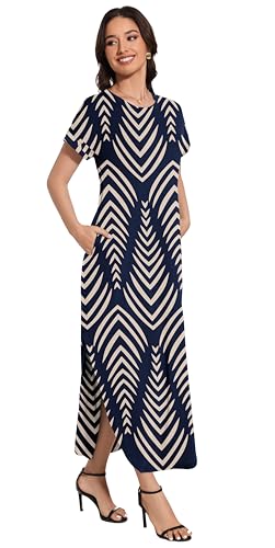 Women Summer Long Sundress Crewneck Short Sleeve Maxi Dress 2025 Casual Loose Beach Dress with Pockets4