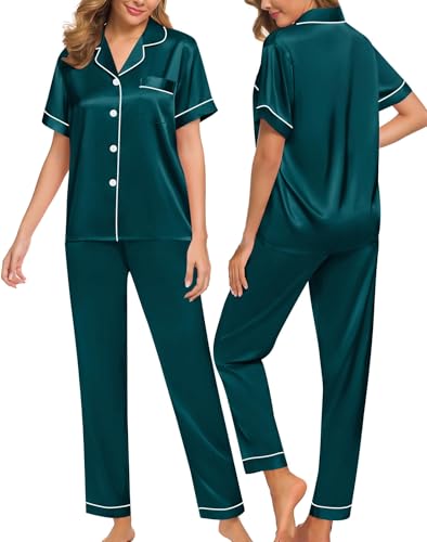 Image of SWOMOG Women Satin Pajamas Set Short Sleeve Top & Pants Sleepwear Silky Button Down Nightwear 2pcs Loungewear Pjs Set