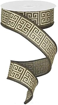 Greek Keys Wire Edged Ribbon Brown, Gold Metallic, 1.5"