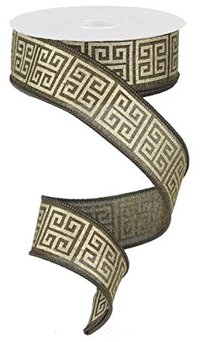 Greek Keys Wire Edged Ribbon (Brown, Gold Metallic, 1.5")