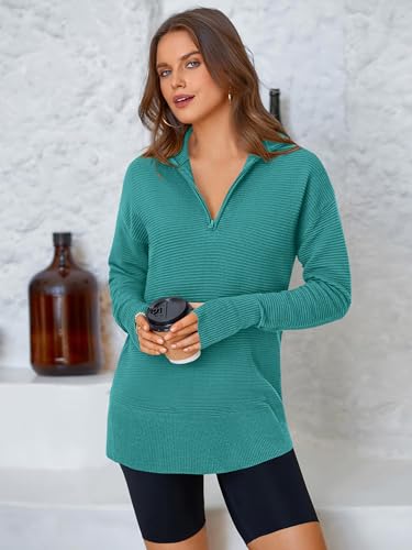 Image of PRETTYGARDEN Womens Long Sleeve Quarter Zip Pullover Sweater | Casual Loose V Neck Sweaters with Thumb Hole, Collared Ribbed Knit Jumper Tops, Oversized Tunic Tops, Fall Outfits 2026