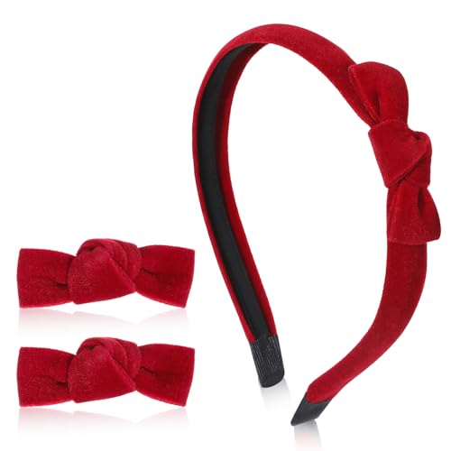 WJIAAA Lot de 3 serre-têtes en velours rouge et nœud rouge - Serre-tête avec pinces pour femmes et filles