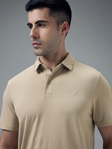 Image of TECHNOSPORT Men's Solid Slim Fit Polo Collar T-Shirt COTFLEX Half Sleeve Button Polyester for Gym Running Workout UPF50+ Anti Odour