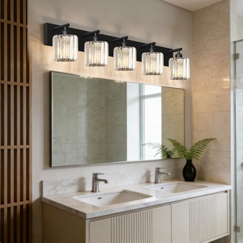 Image of Black Crystal Bathroom Vanity Light, 5-Light Modern Bathroom Lighting Fixtures Over Mirror, Matte Black Wall Sconce Light Fixtures with Round Shade
