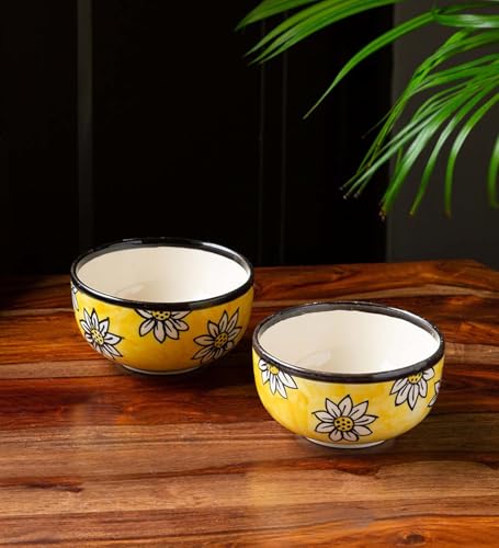 Image of ExclusiveLane 'Californian Sunflower' Ceramic Bowls for Serving Bowls Set Snacks Bowl Set (2 Pieces, 400 ML) | Handpainted Microwave Safe Bowls for Kitchen Serving Bowls for Snacks Ceramic Bowls Set