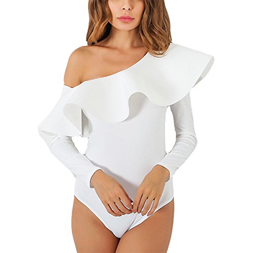 Antopmen Women's Slash Neck Long Sleeve Ruffles Bodysuit One Piece Jumpsuits (X-Large, White)