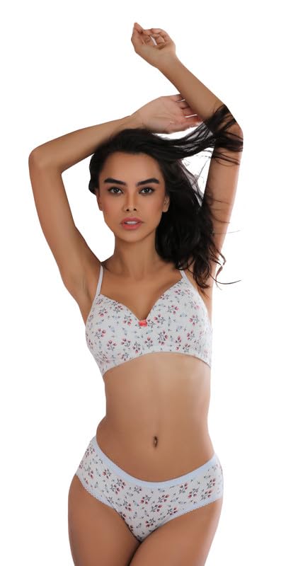 Image of Full Coverage Cotton Printed White & Laced Black Bra Combo of 2 | Pack of 2