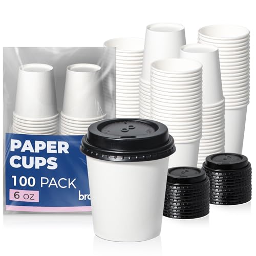 Fit Meal Prep 100 Pack 6 oz Disposable Coffee Cups with Lids, Premium To Go Paper Cups, Leak Proof Hot Coffee Cups with Lids for Travel, Office, Hot/Cold Beverages (Black Lids)