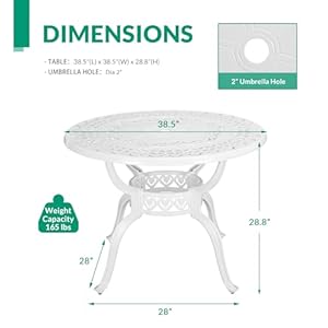 VIVIJASON 38.5" Patio Bistro Table Outdoor Dining Round Table White Cast Aluminum Table with Umbrella Hole VIVIJASON 385 Patio Bistro Table Outdoor Dining Round Table White Cast Aluminum Table with Umbrella Hole