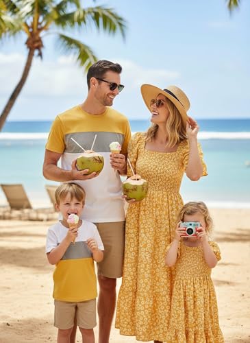 Image of PATPAT Family Matching Outfits Mommy and Me Dresses Floral Dress & T-Shirts | Mommy and Me Easter Dresses, Puff Sleeve Floral Sundress, Cotton Blend T-shirts, Couples Party Wedding Vacation Outfits