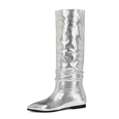 Womens Knee High Boots Pointed Toe Flat Tall Boots for Women Metallic Slouch Long Boots Low Heel2