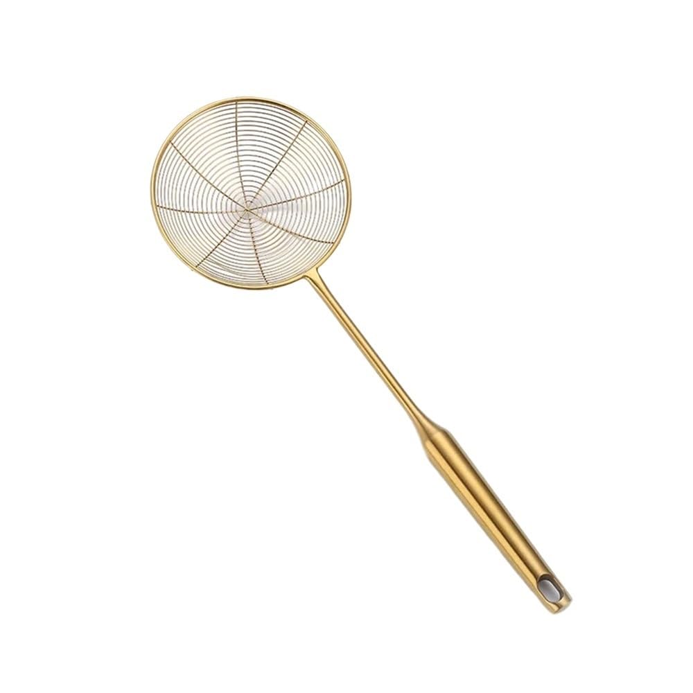 Cestello per friggitrice Colino in acciaio inossidabile Filtro for olio Cucchiaio for friggere con manico lungo dorato Setaccio for gnocchi di pasta Attrezzi da cucina Cestello per frittura(Piccolo)