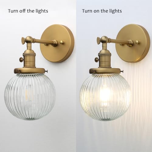 Image of PERMO Vintage Industrial Wall Sconce Lighting Fixture with Mini 5.9 inch Round Clear Globe Ribbed Glass Shade (Antique Brass Gold)