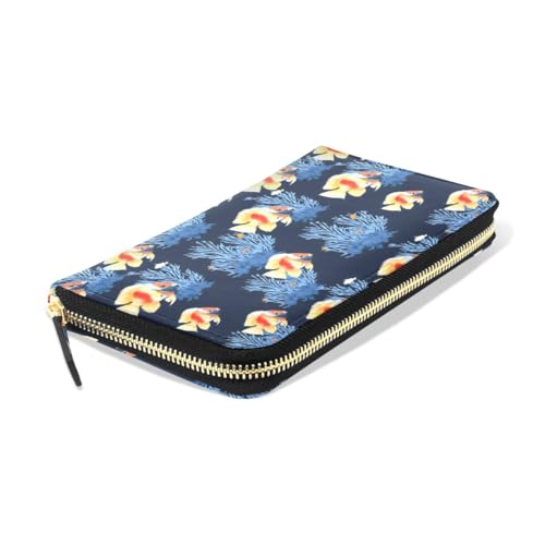 Long Wallets Leather Bifold Wallet for Women Fish Coral with Zipper Credit Card Holder Large Capacity3