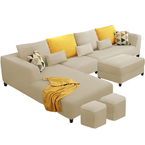 Image of Galib LHS 8 Seater L Shape Sofa Set with Ottoman & 2 Puffy for Living Room (Cream) Premium Fabric
