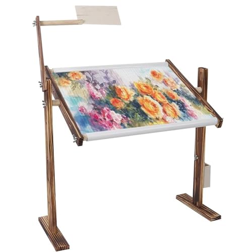 Image of GOTOTOP Adjustable Cross Stitch Frame Stand,Wooden Frame for Sewing Embroidery Cross Stitch with Scroll,Desktop Embroidery Stand Side Pocket for Gadget Pine Material