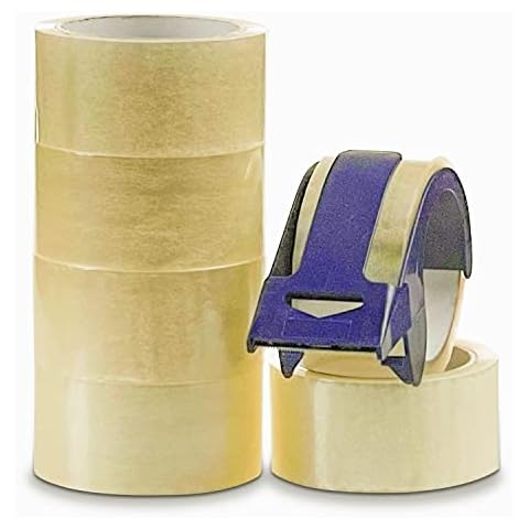 Clear Tape & Sellotape Dispenser | 6 Rolls 48mm x 50m Clear Parcel Tape Heavy Duty | Transparent Tape for Packing Safely & Easily Boxes & Parcels | Sellotape Dispenser And Tape Cover