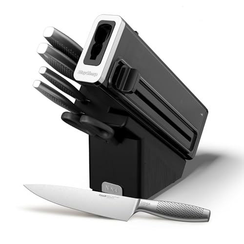 Ninja StaySharp Messerset, 6-teiliges Edelstahl-Messerset mit integriertem Messerschärfer, mit Küchen- und Kräuterschere, Schwarz K62006EUUK